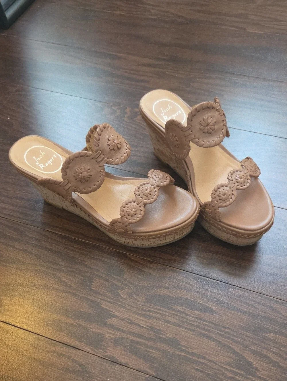 Jack Rogers Tan Leather Cutout Wedge Sandals